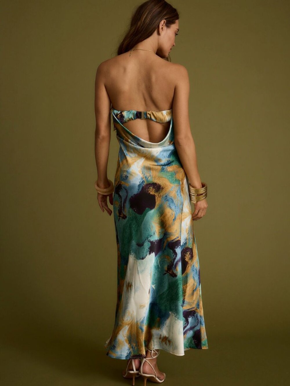 12th Tribe Natalia Blue and Gold Watercolor Strapless Maxi Dress Size LL - Picture 2 of 3